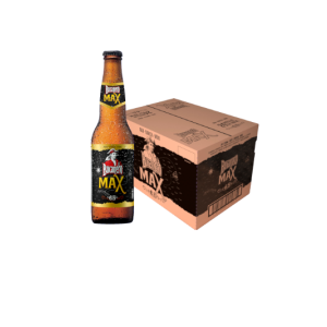 Botella ambar de cerveza con etiqueta y chapa marca Bucanero Max caja de cartón carmelita y negra