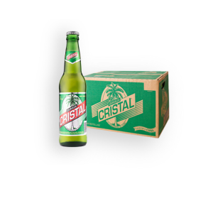 Botella verde de cerveza con etiqueta y chapa marca Cristal, caja de cartón carmelita y verde